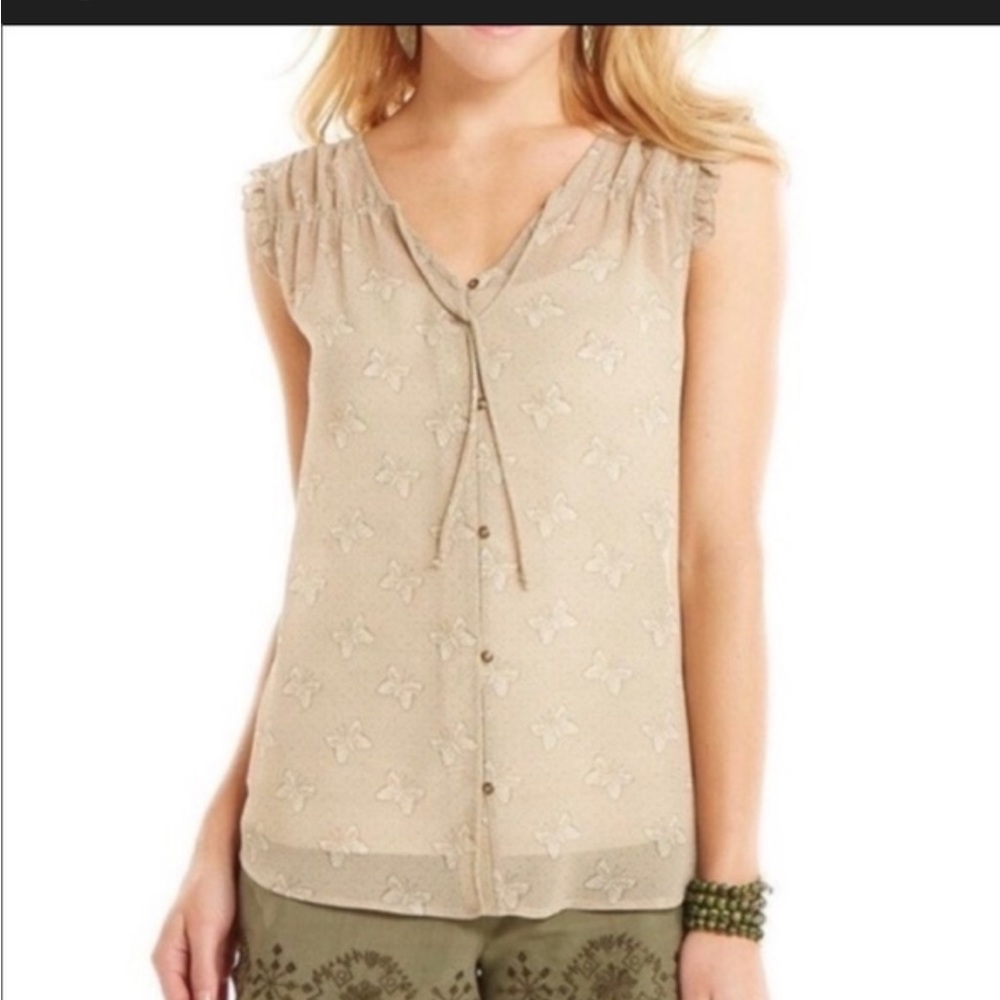 Matilda Jane Olive Green butterfly Floral Blouse sz S peasant ruffle trim
